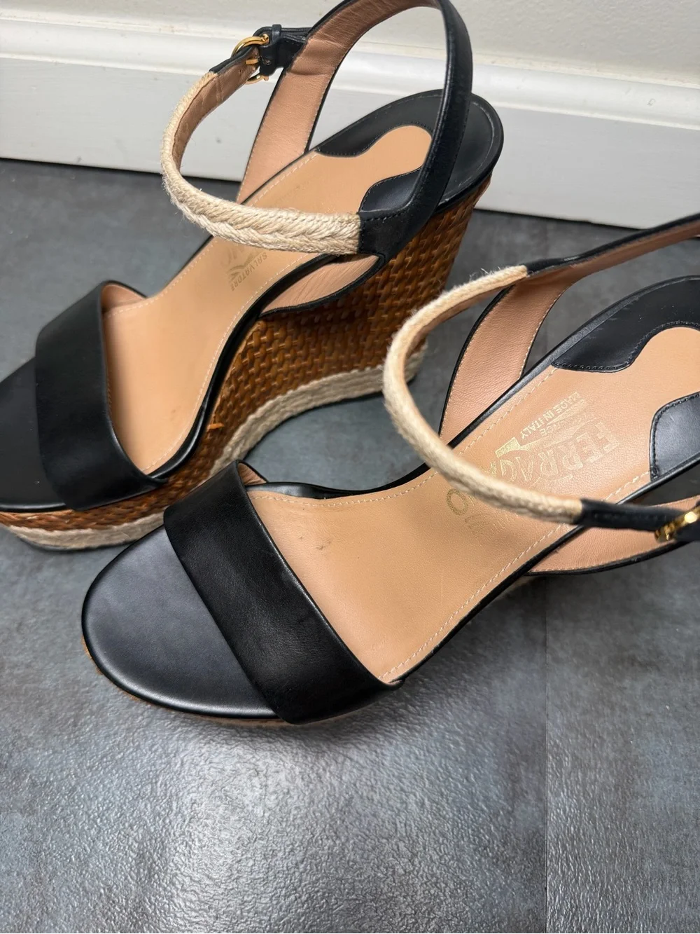 Salvatore Ferragamo Black Leather Espadrilles Wedge Sandal with Rope Ankle Strap